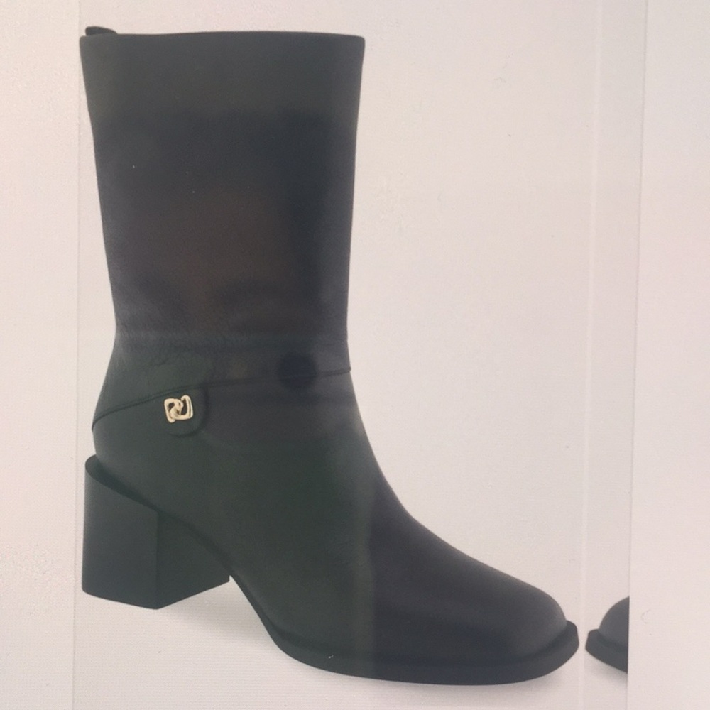 AEROSOLES Black Leather Mid-Calf Block Heel Boots